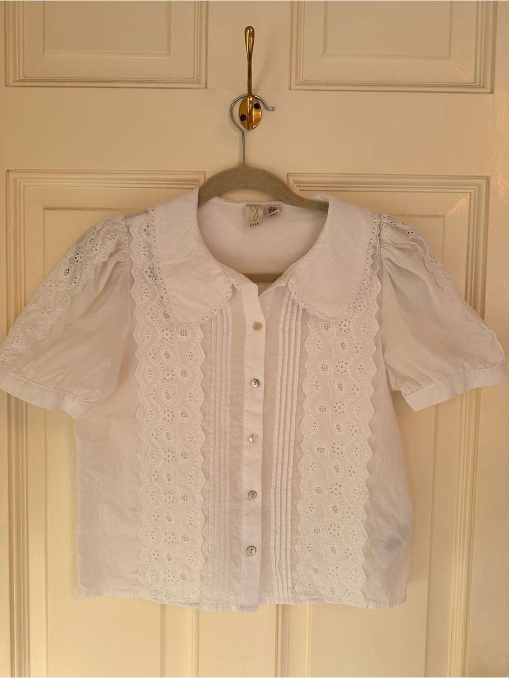 Joie White Cotton Eyelet Lace Peter Pan Collar Blouse Top XS